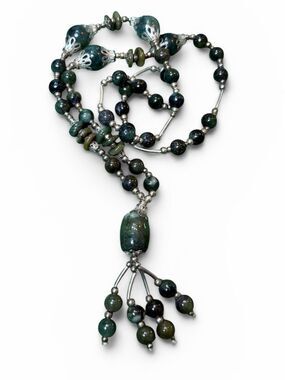 Handmade Jade Beaded Tassel Pendant Necklace 28” Healing Stone
